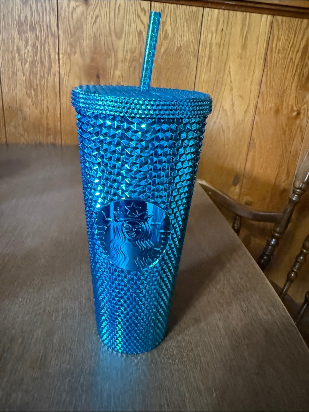 24oz Starbucks Metallic Blue Studded Cold Cup Venti Tumbler With Straw